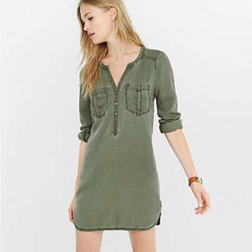 NWOT Express Green Lyocell Popover utility Shirt Dress XS Khaki